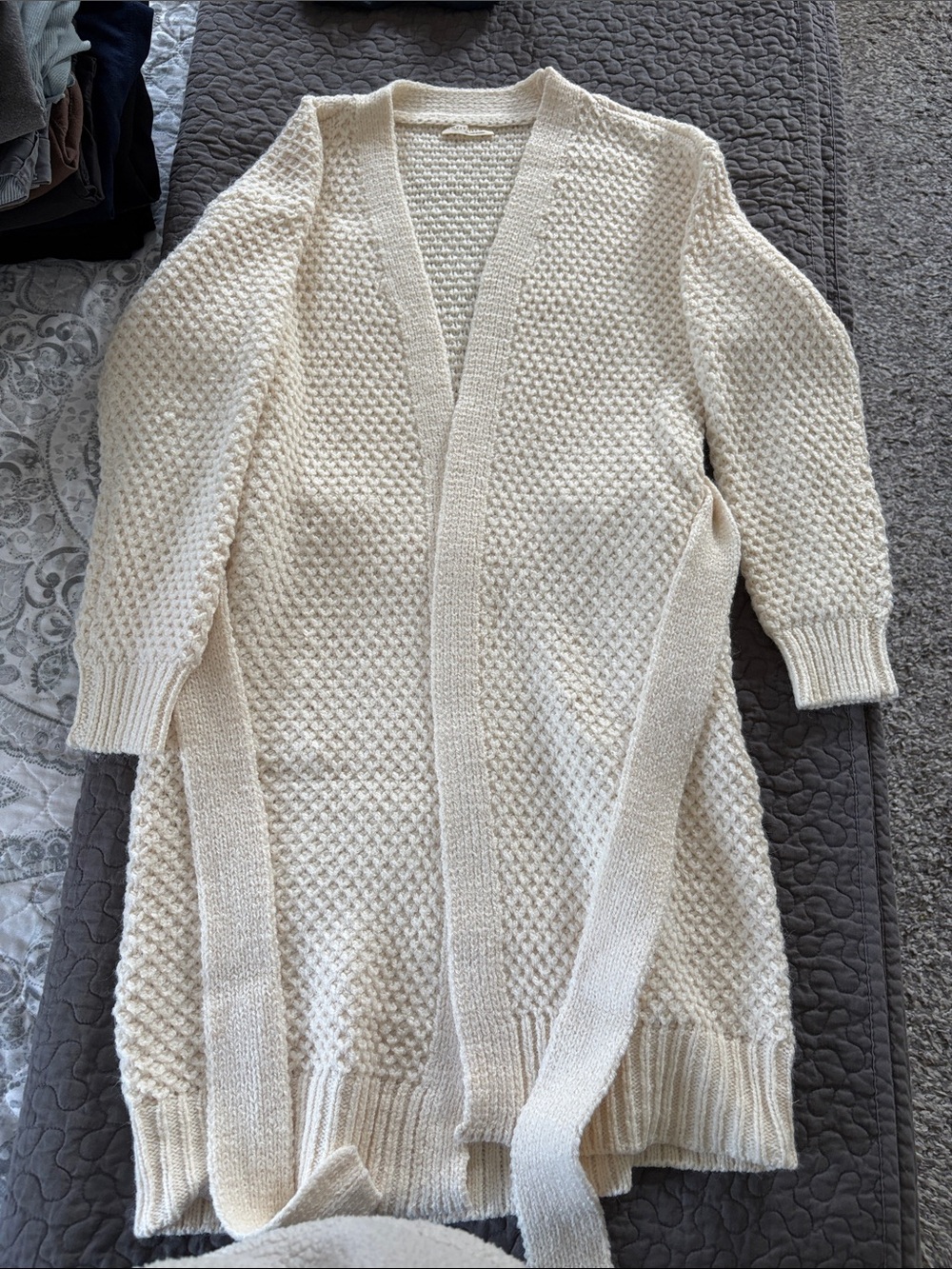 lovestitch Cream Textured Open-Front Cardigan with Belt